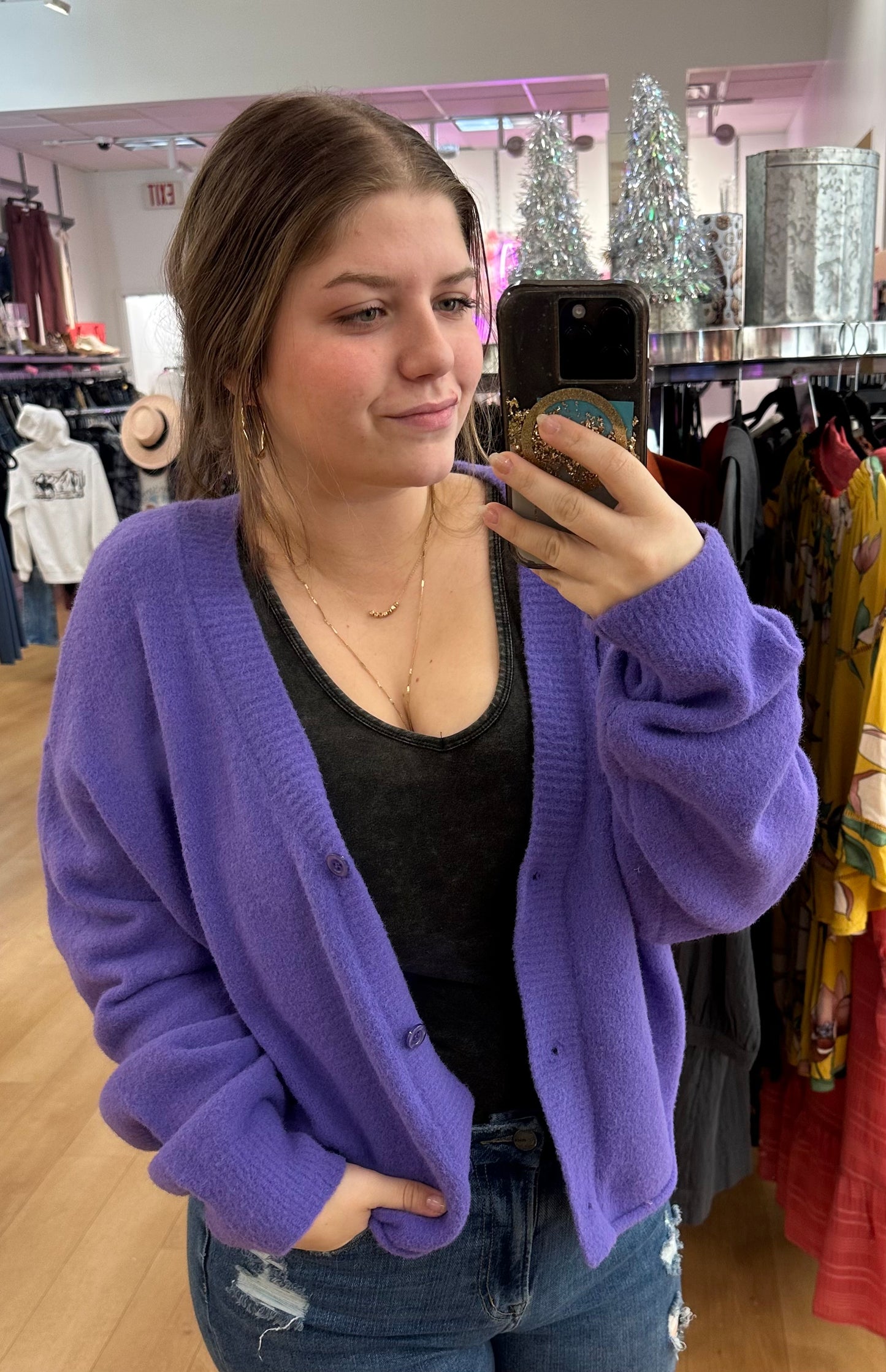 the fuzziest purple cardigan!