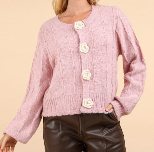 Floral Button Cropped Knit Cardigan