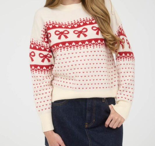 Bow And Heart Jacquard Knit Pullover Sweater