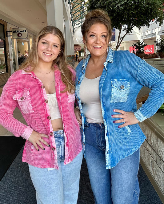 Cotton Waffle Acid Wash Oversized Shacket
