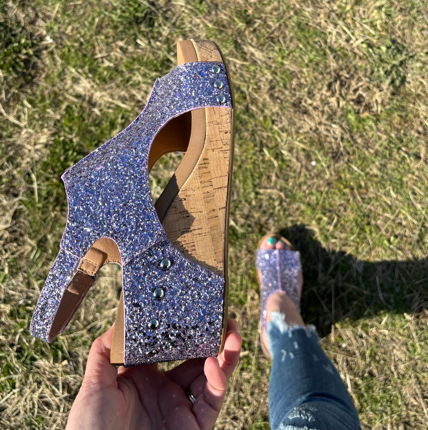 Carley Wedge Glitter Sandals by Corkys