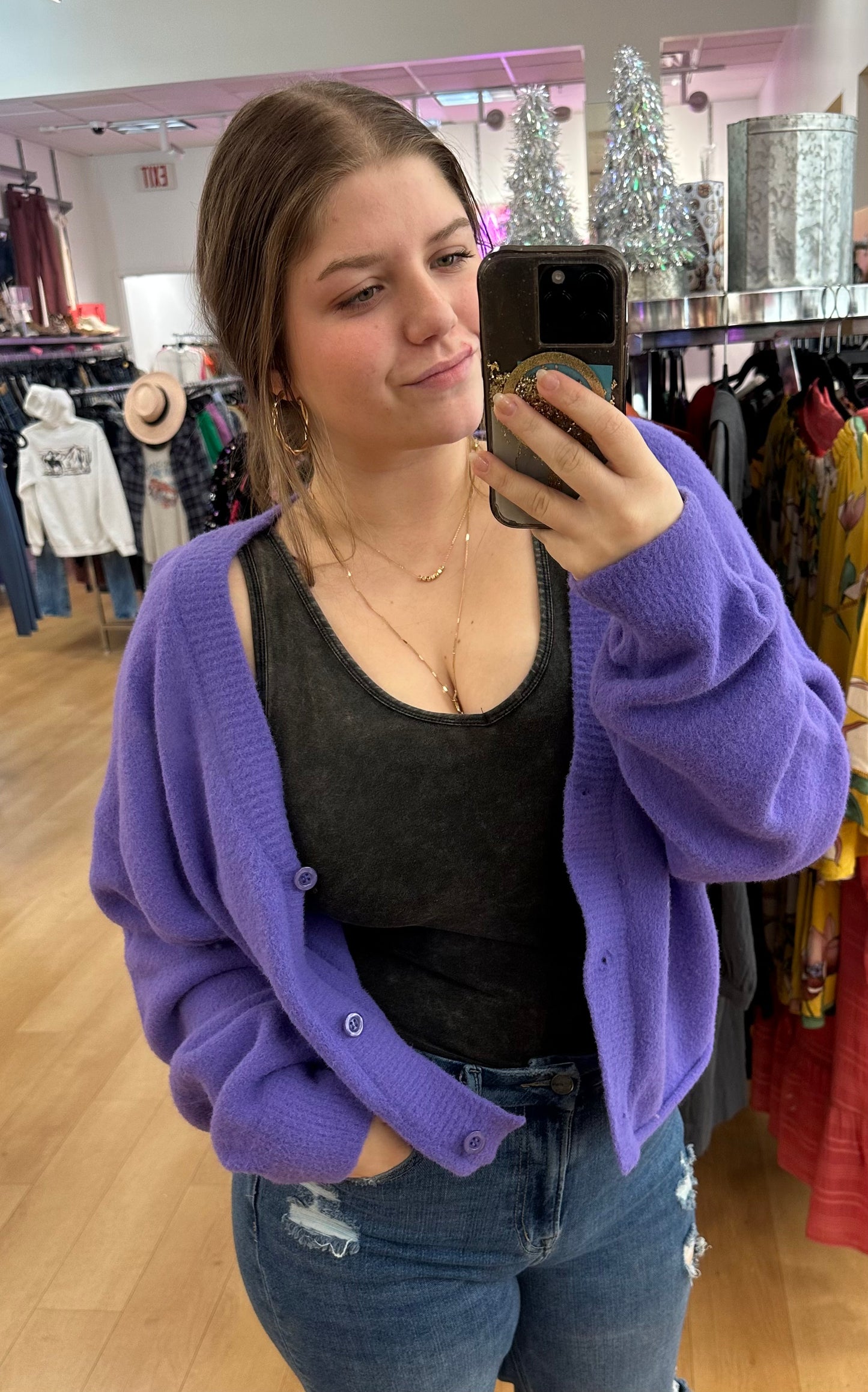 the fuzziest purple cardigan!