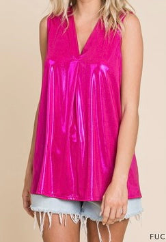Cotton Bleu Slinky Foil V Neck Sleeveless Front Detail Top