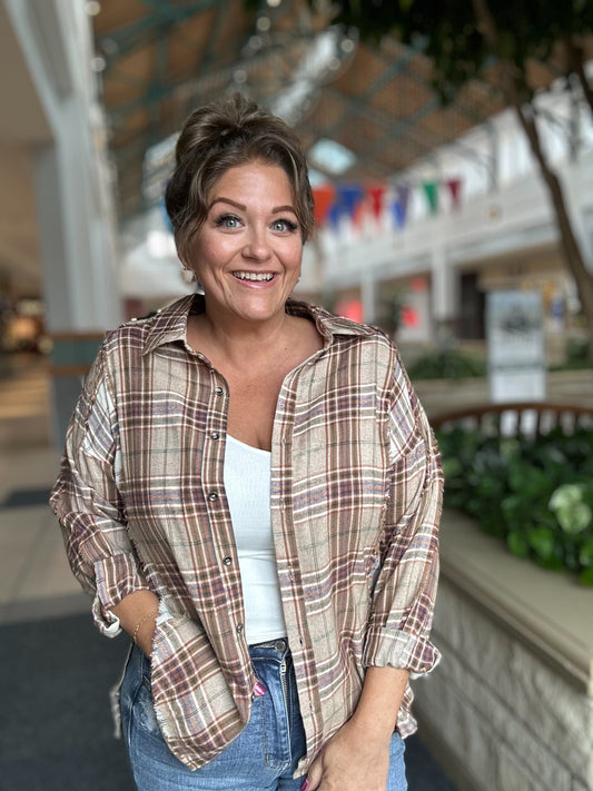 Contrast Plaid Detail Casual Shirt Top