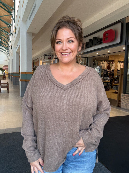 Plus Ribbed V-Neck Drop Shoulder Top